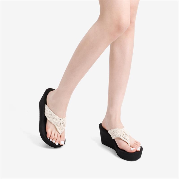 Woven Strap Platform Wedge Flip Flops - WHITE - 1